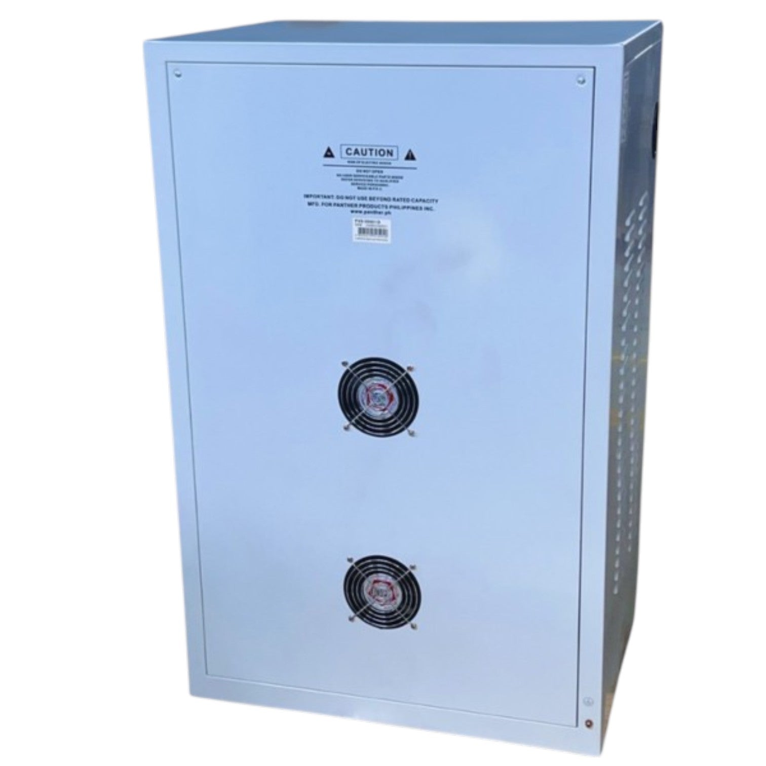 A light blue industrial electrical cabinet or enclosure with two front cooling fans, a caution label, and a perforated side vent, shown on a plain white background.