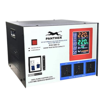 Panther brand AC Automatic Voltage Regulator (AVR) unit, model PVE 5001 D, featuring a white front panel with a red display screen, blue socket sections, and black side panels.