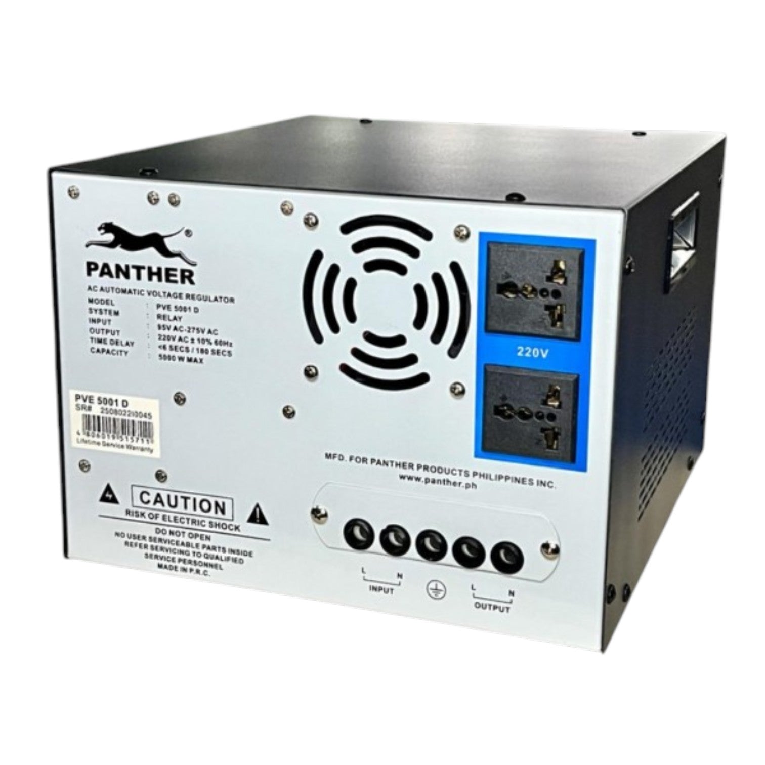 A Panther brand 230V to 110V DC power supply regulator, shown from the back side. The unit has a silver metal casing with a black top and side panels, featuring a blue-accented output section with two AC outlets, a circular vent pattern, and multiple black terminal knobs.