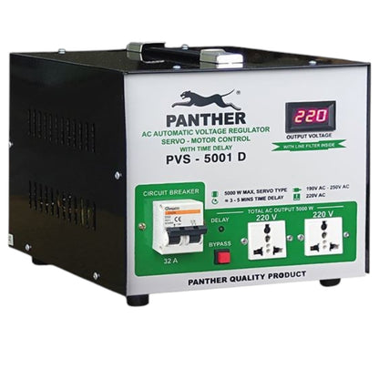Pioneer Panther PVS-5001D AC Automatic Voltage Regulator with servo-motor control, featuring a black metal casing, a white front panel with green accents, and a digital red LED display showing 220V.