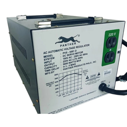 A Panther brand AC Automatic Voltage Regulator (PVS-5001D) with a silver metal faceplate, black side panels, and a green control panel on the right side showing 220V outlets.