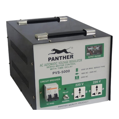 Panther PVS-5000 AC Automatic Voltage Regulator with a black metal casing, silver handle, and a front panel featuring green and white sections with circuit breaker, delay switch, and three 220V outlets.