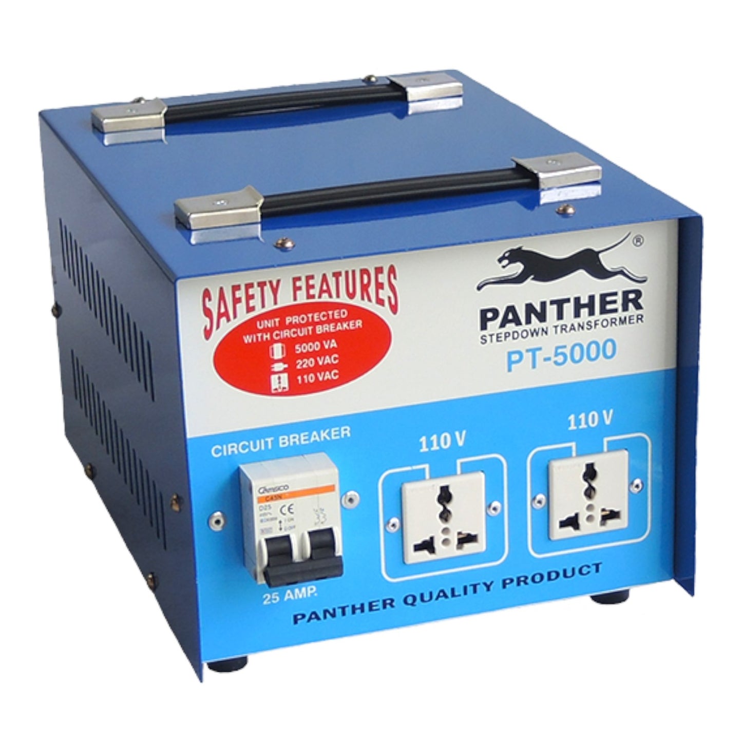 A blue and white Panther PT-5000 stepdown transformer on a white background, featuring a handle, circuit breaker, and dual 110V outlets.