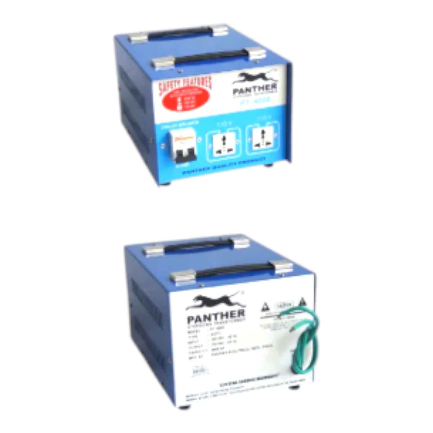 Two blue and white Panther brand electrical adapters or transformers shown on a plain white background, one with a red safety label and the other with a green cable.