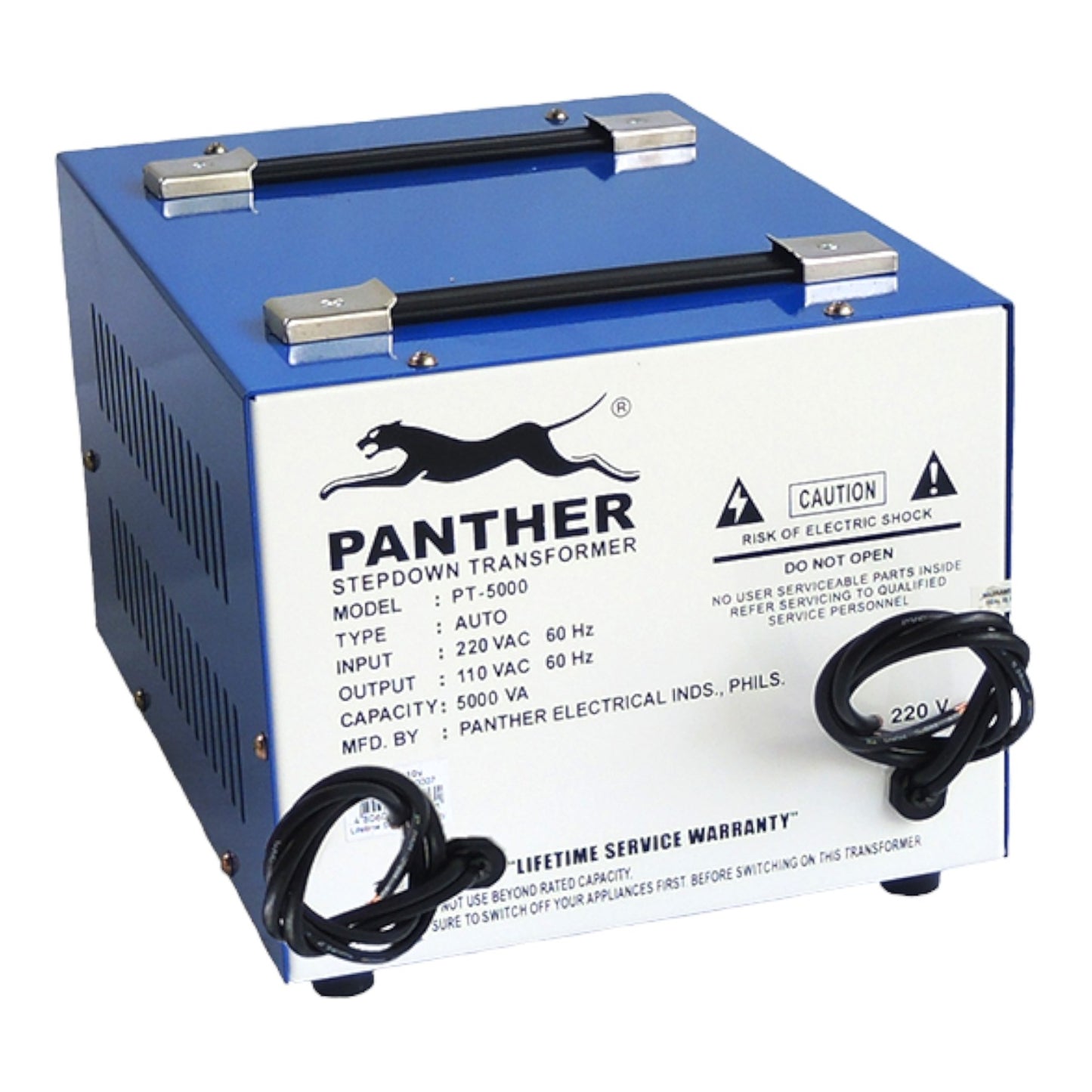 A blue and white Panther Stepdown Transformer (Model PT-5000) electrical device on a white background, featuring black handles, black cords, and a black panther logo.