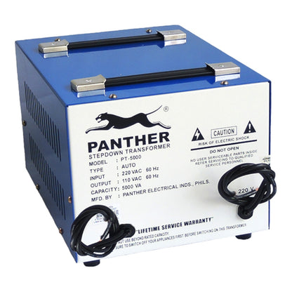A blue and white Panther Stepdown Transformer (Model PT-5000) electrical device on a white background, featuring black handles, black cords, and a black panther logo.