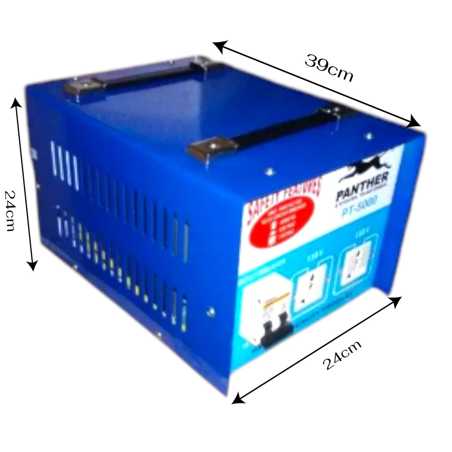 Blue electrical power supply box with dimension arrows and labels showing 39cm, 24cm, and 24cm measurements on a white background.