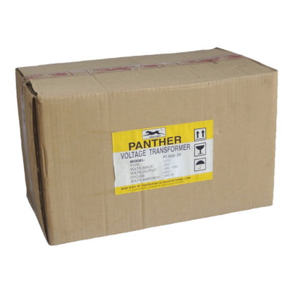 A brown cardboard box for a Panther Voltage Transformer, featuring a yellow and white label on the front with product details and handling icons.