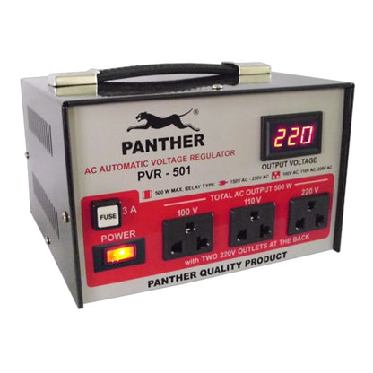 Panther PVR-501 AC Automatic Voltage Regulator power supply, featuring a silver metal casing, black handle, red front panel, and digital LED display showing 220V.