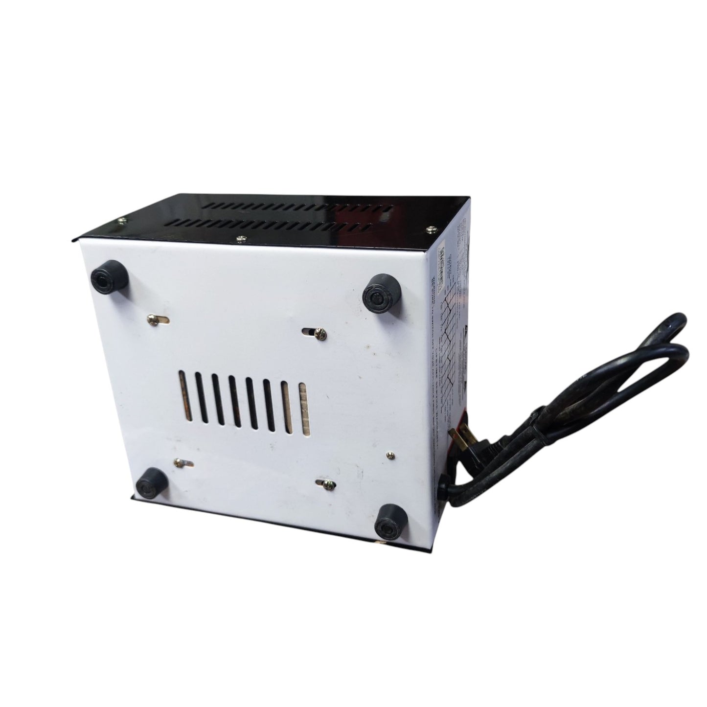 A white metal electronic power supply or heater unit with a black top panel, black feet, ventilation slots, and a black power cord, shown on a plain white background.