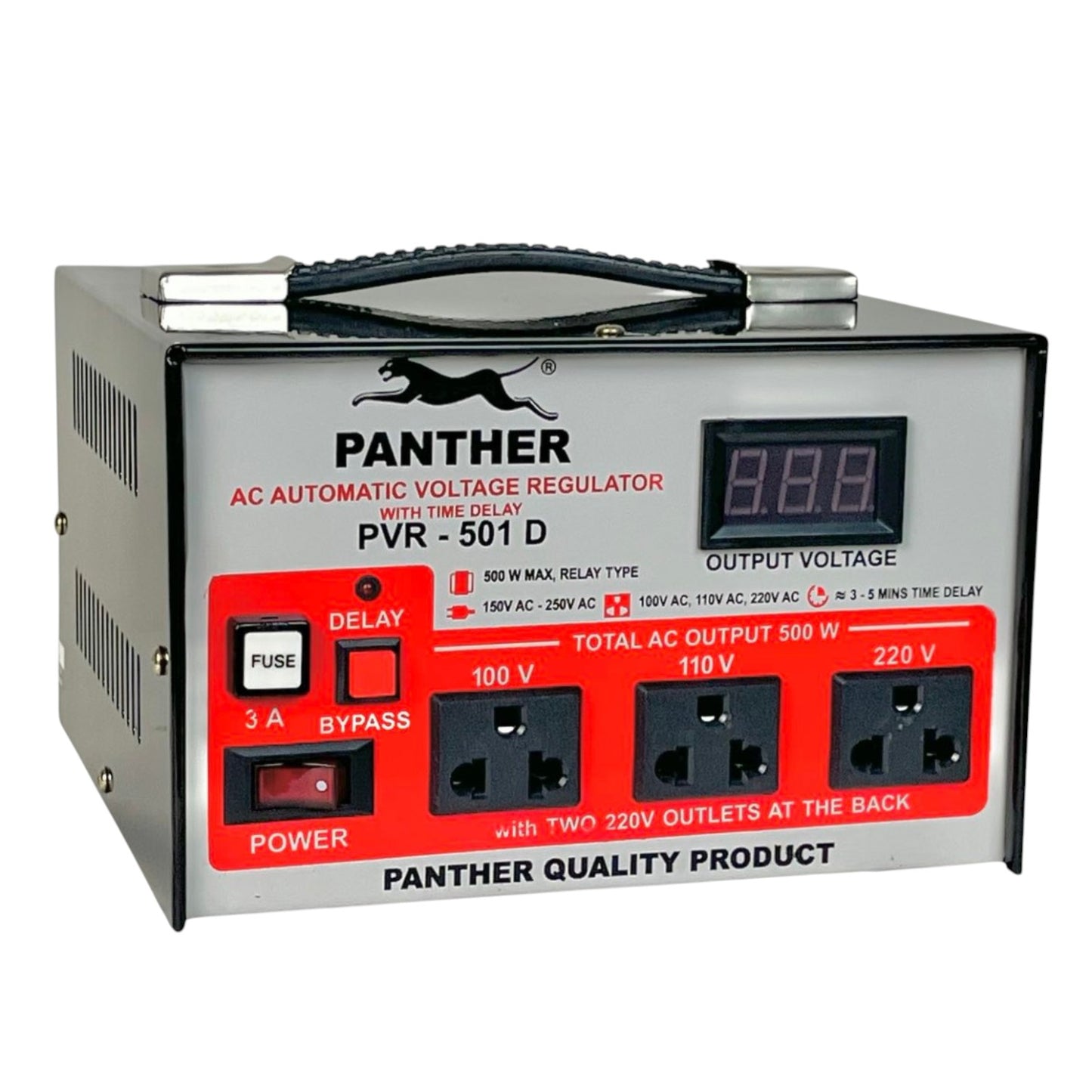 Panther PVR-501 D AC Automatic Voltage Regulator power supply unit with a digital output voltage display, front panel controls, and multiple outlets on a white background.