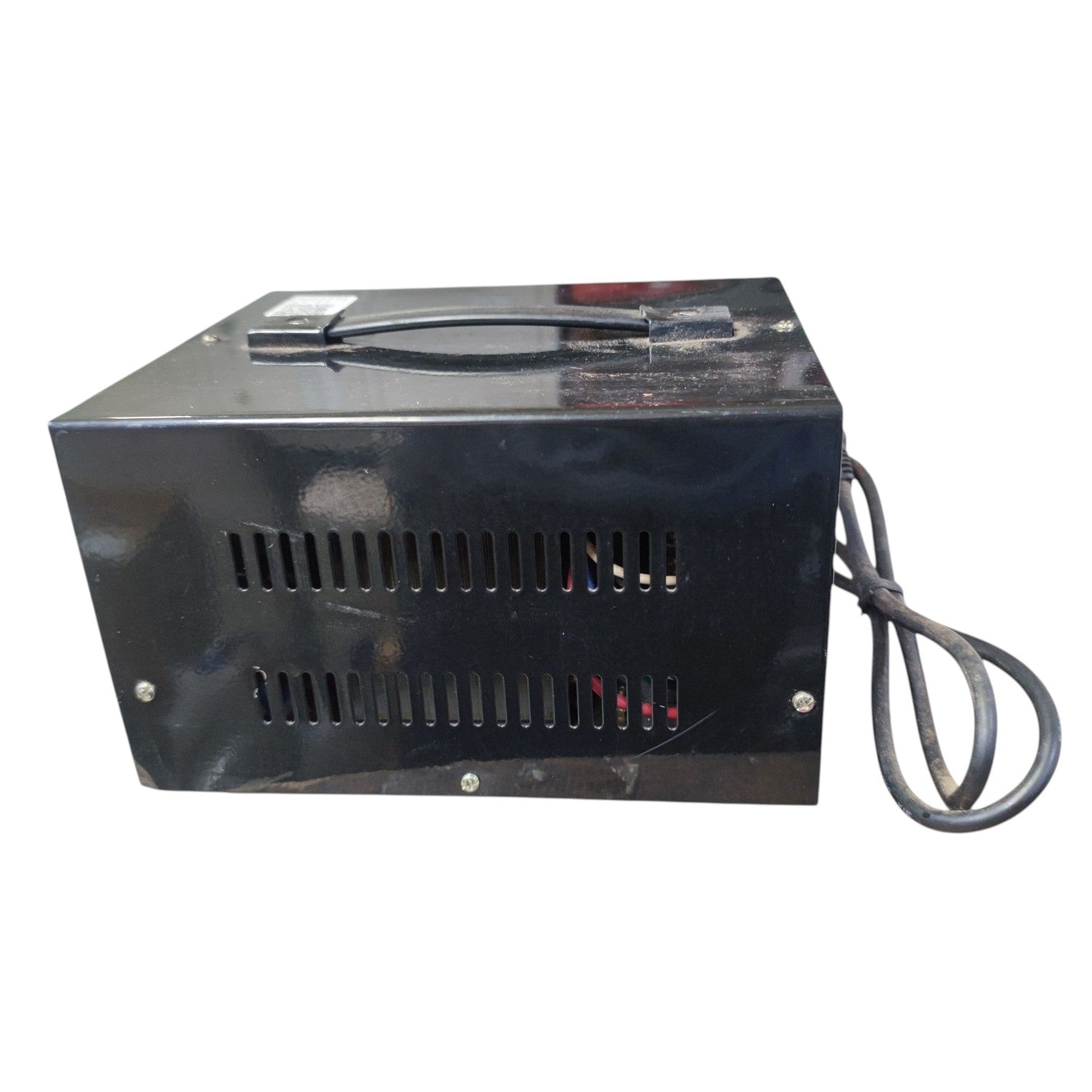 A black metal electrical power supply or control box with ventilation slots on the side, a top handle, and a coiled power cord, shown against a plain white background.