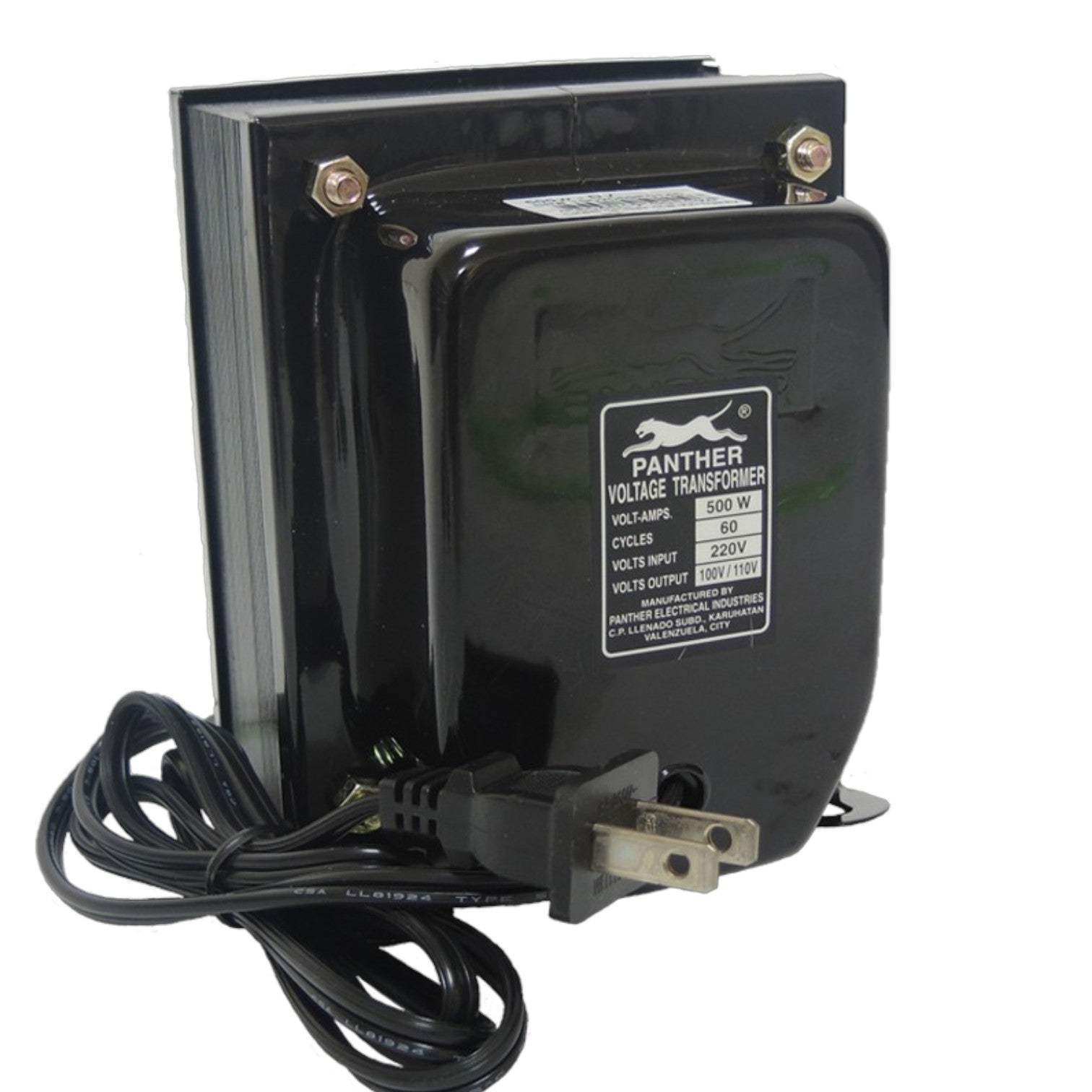 A Panther Voltage Transformer with a black metal casing, a power cord, and a US plug, shown on a white background.