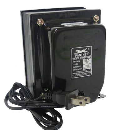 A Panther Voltage Transformer with a black metal casing, a power cord, and a US plug, shown on a white background.