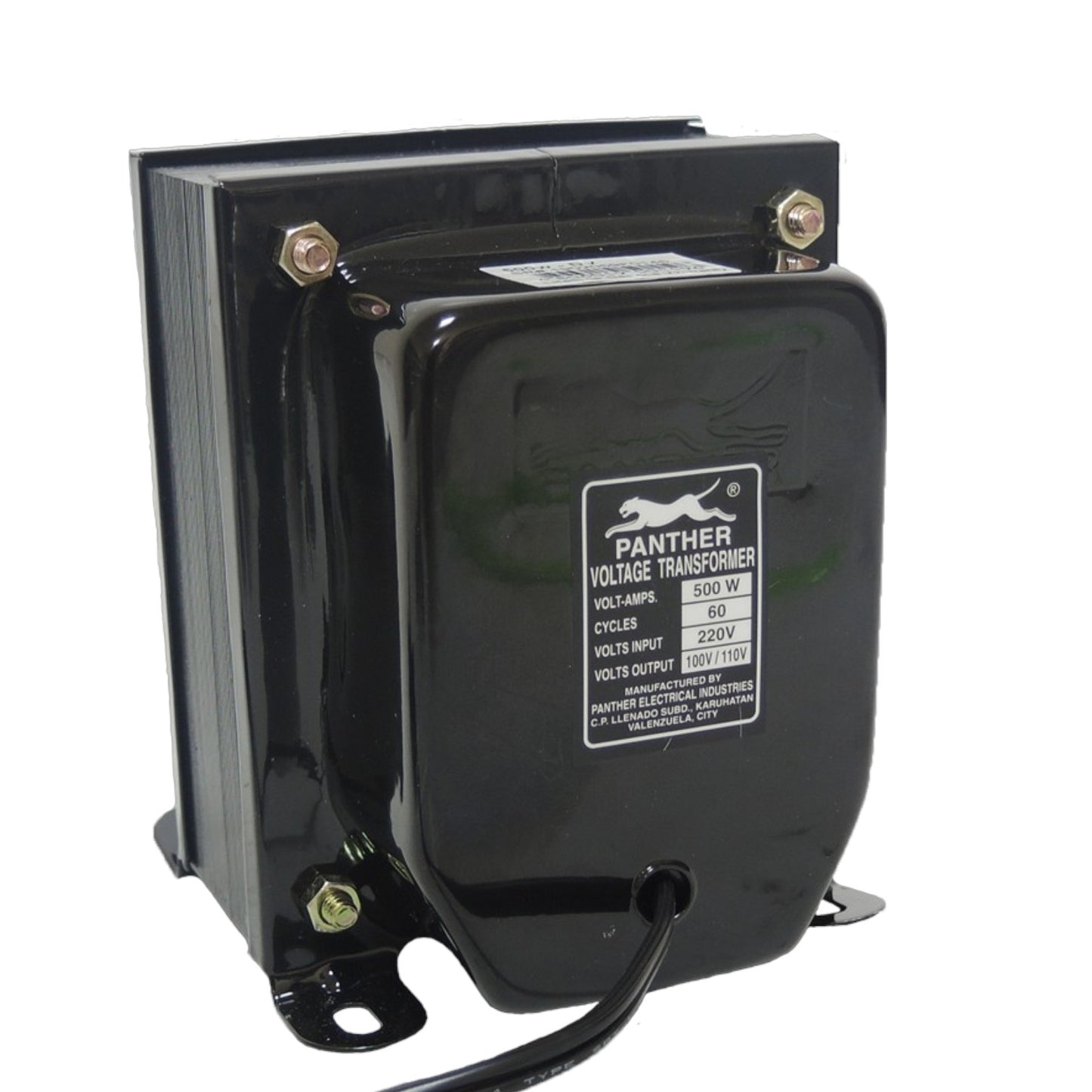 A black Panther Voltage Transformer with a white label showing specifications, photographed on a white background.