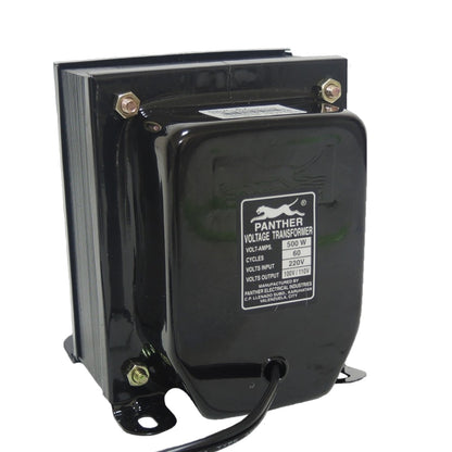 A black Panther Voltage Transformer with a white label showing specifications, photographed on a white background.