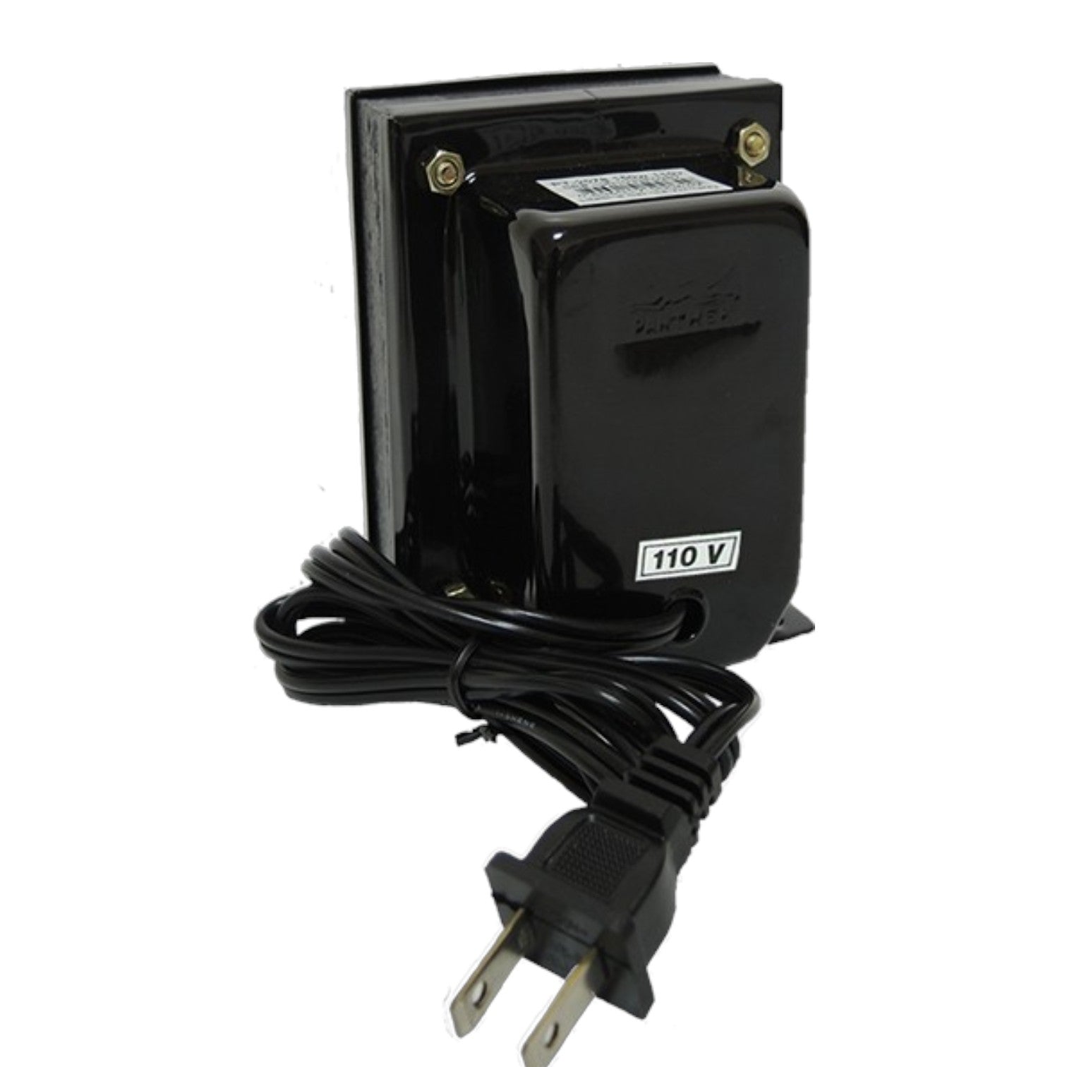 A black 110V power adapter or transformer with a coiled power cord and a two-prong plug, shown against a plain white background.
