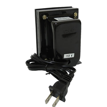 A black 110V power adapter or transformer with a coiled power cord and a two-prong plug, shown against a plain white background.