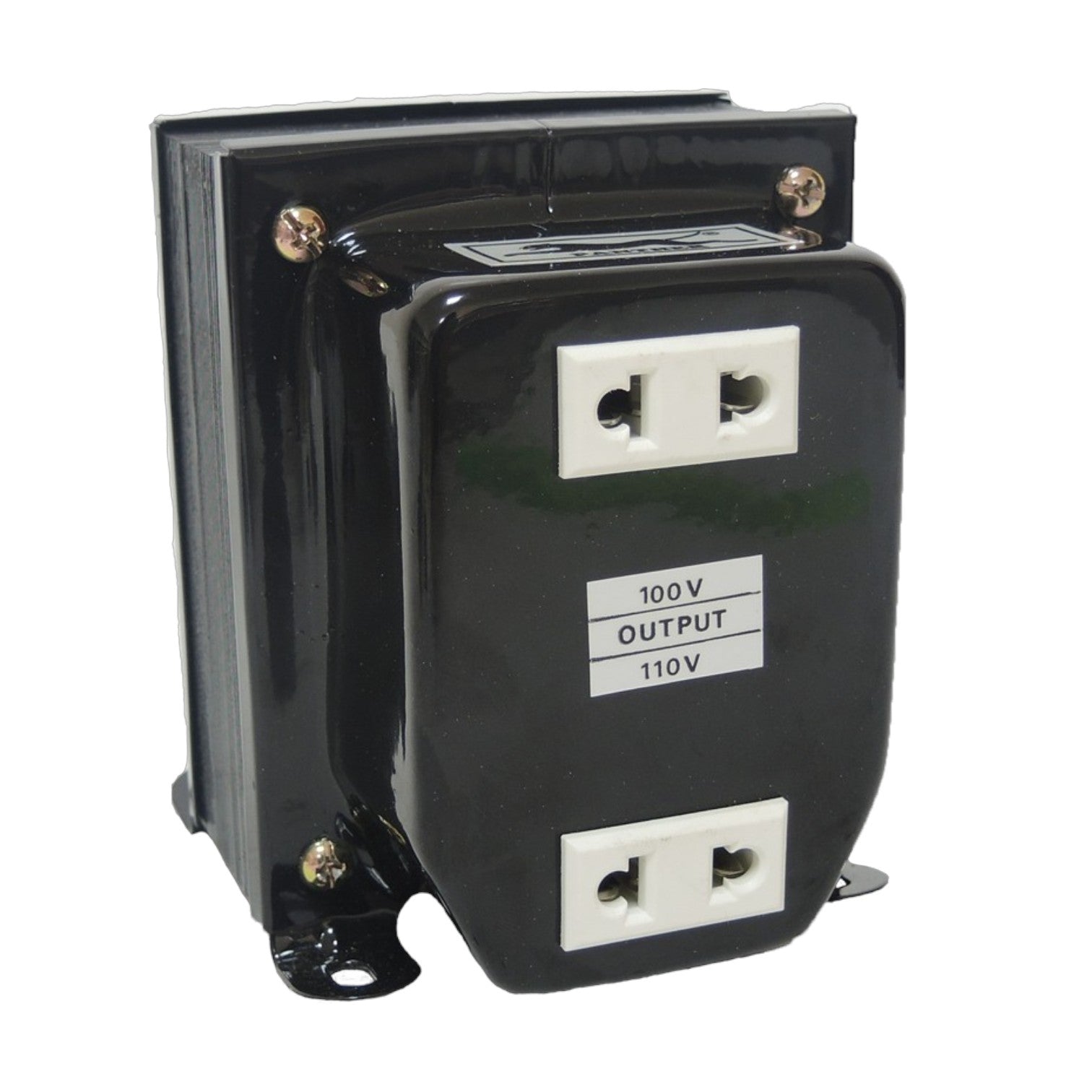 A black electrical transformer with two white AC outlets on the front face, labeled '100 V OUTPUT 110 V', shown on a plain white background.