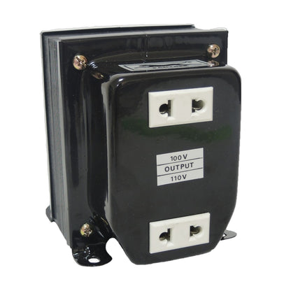A black electrical transformer with two white AC outlets on the front face, labeled '100 V OUTPUT 110 V', shown on a plain white background.