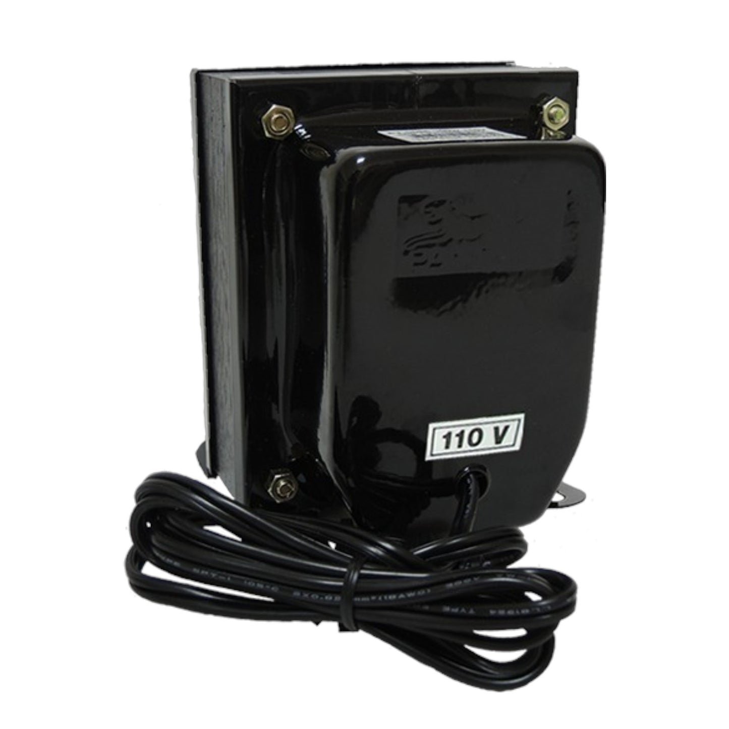 A black electrical transformer with a coiled power cord, featuring a white label marked '110 V' on the front, set against a plain white background.
