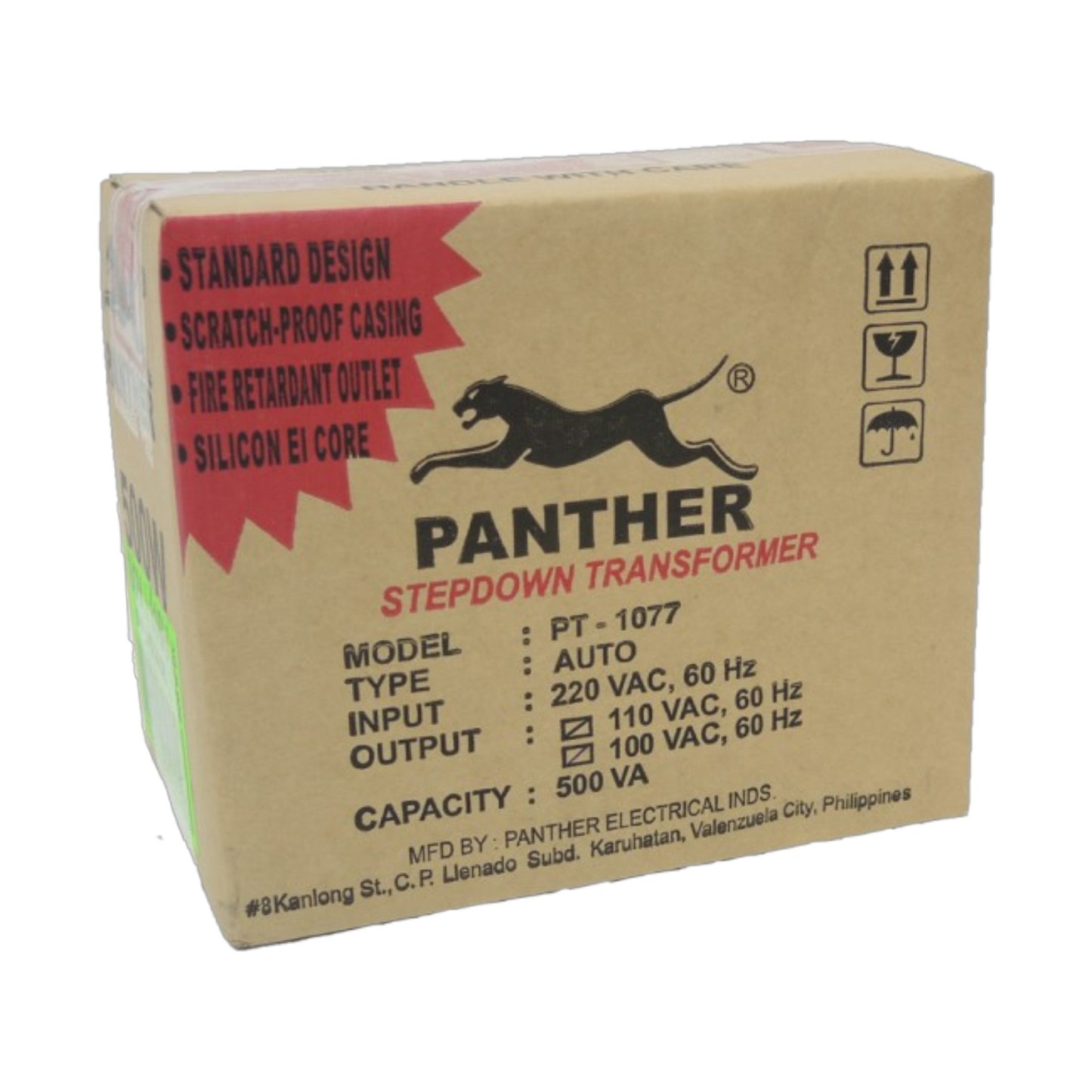 A brown cardboard box for a Panther Stepdown Transformer, model PT-1077, manufactured by Panther Electrical Inds. The box features the black Panther logo and product specifications printed in black and red text.