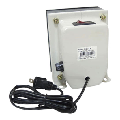 A white electrical transformer or power supply with a black power cord, a black rotary knob, and a red switch, shown on a plain white background.