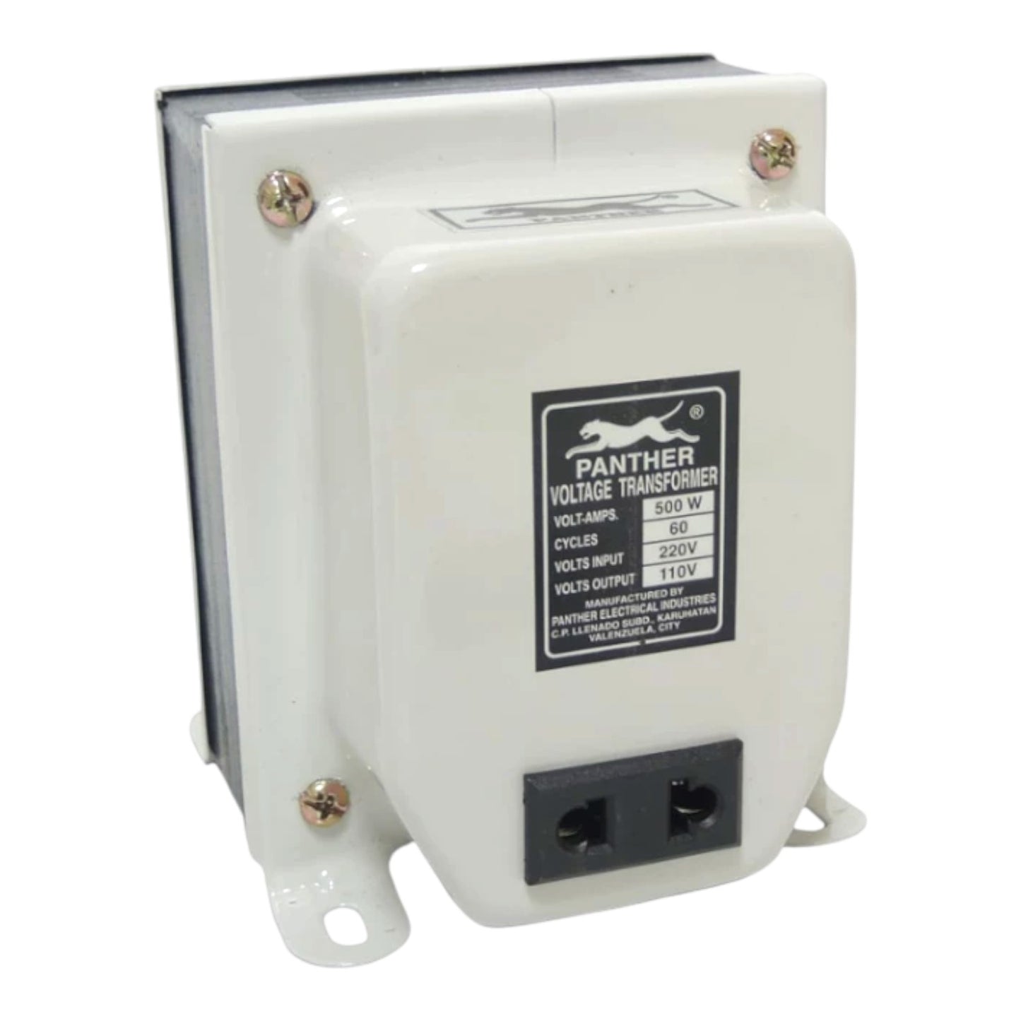 A white Panther Voltage Transformer with a black label and dual electrical outlets on the front, shown on a plain white background.