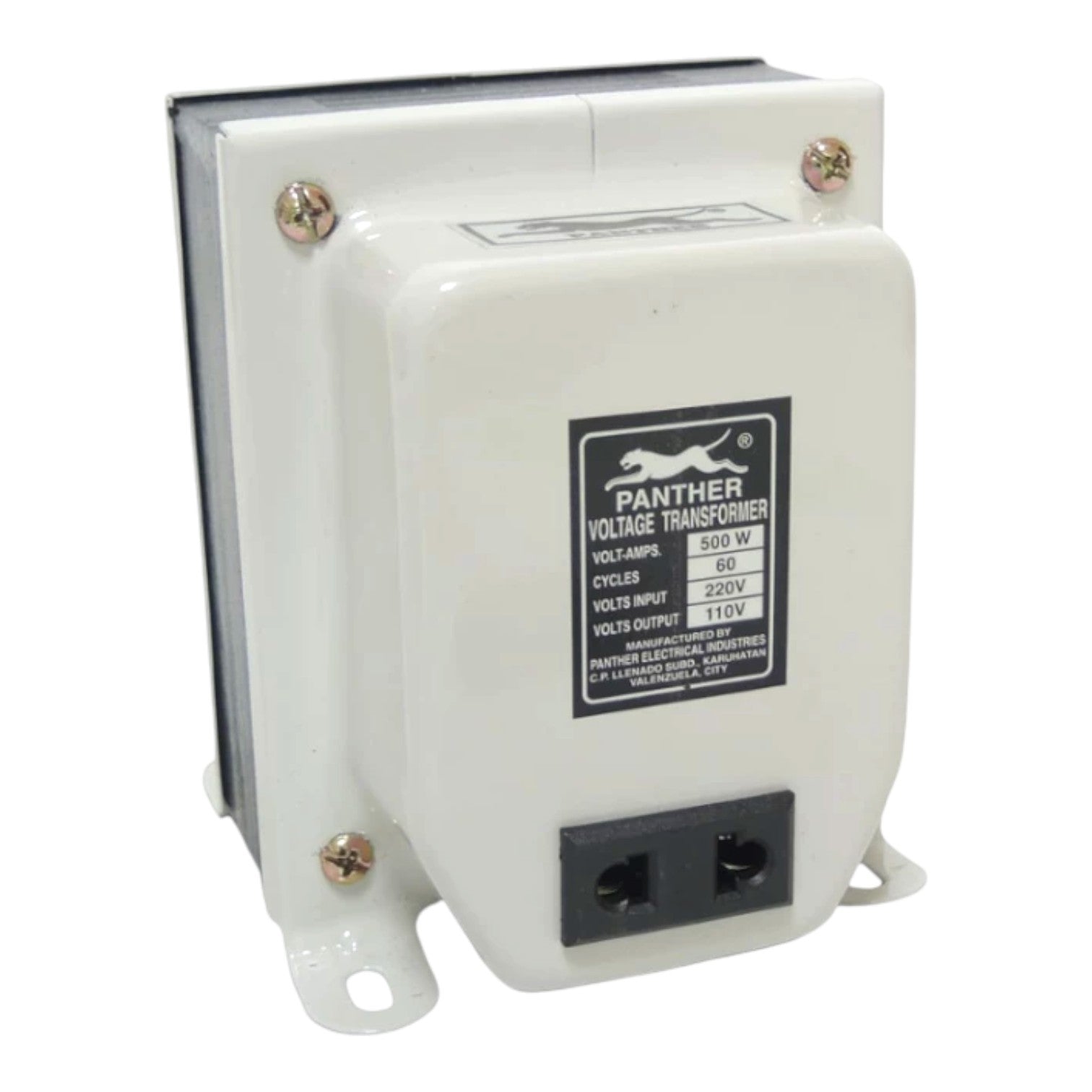 A white Panther Voltage Transformer with a black label and dual electrical outlets on the front, shown on a plain white background.