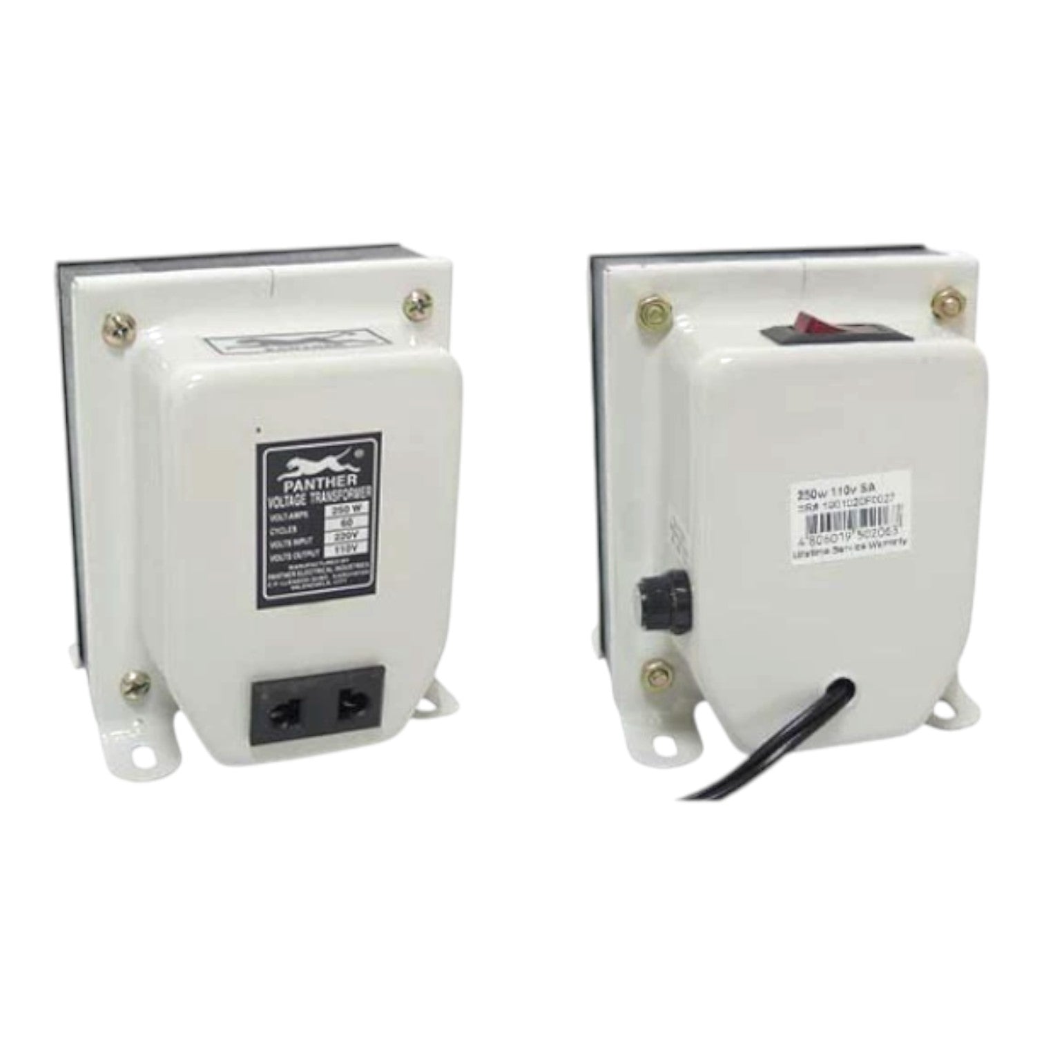 Two white marine electronic marine battery chargers shown from the front and back on a white background.