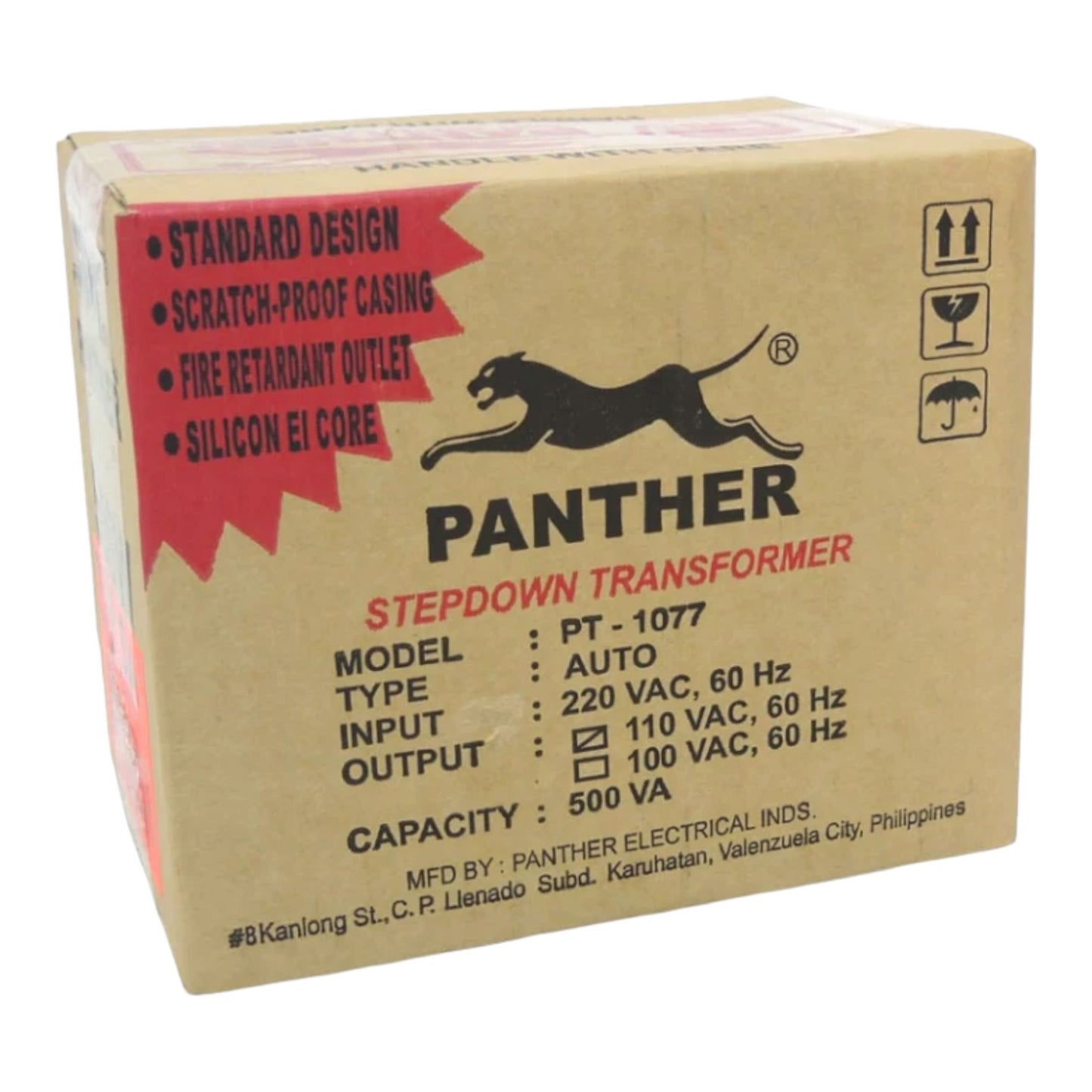 A brown cardboard box for a Panther Stepdown Transformer, model PT-1077, with black text and a red accent banner on the left side.