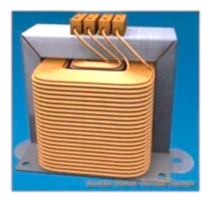 A square-shaped electronic transformer with a golden-orange coiled wire core, a gray metal frame, and four orange terminal blocks on top, set against a solid blue background.