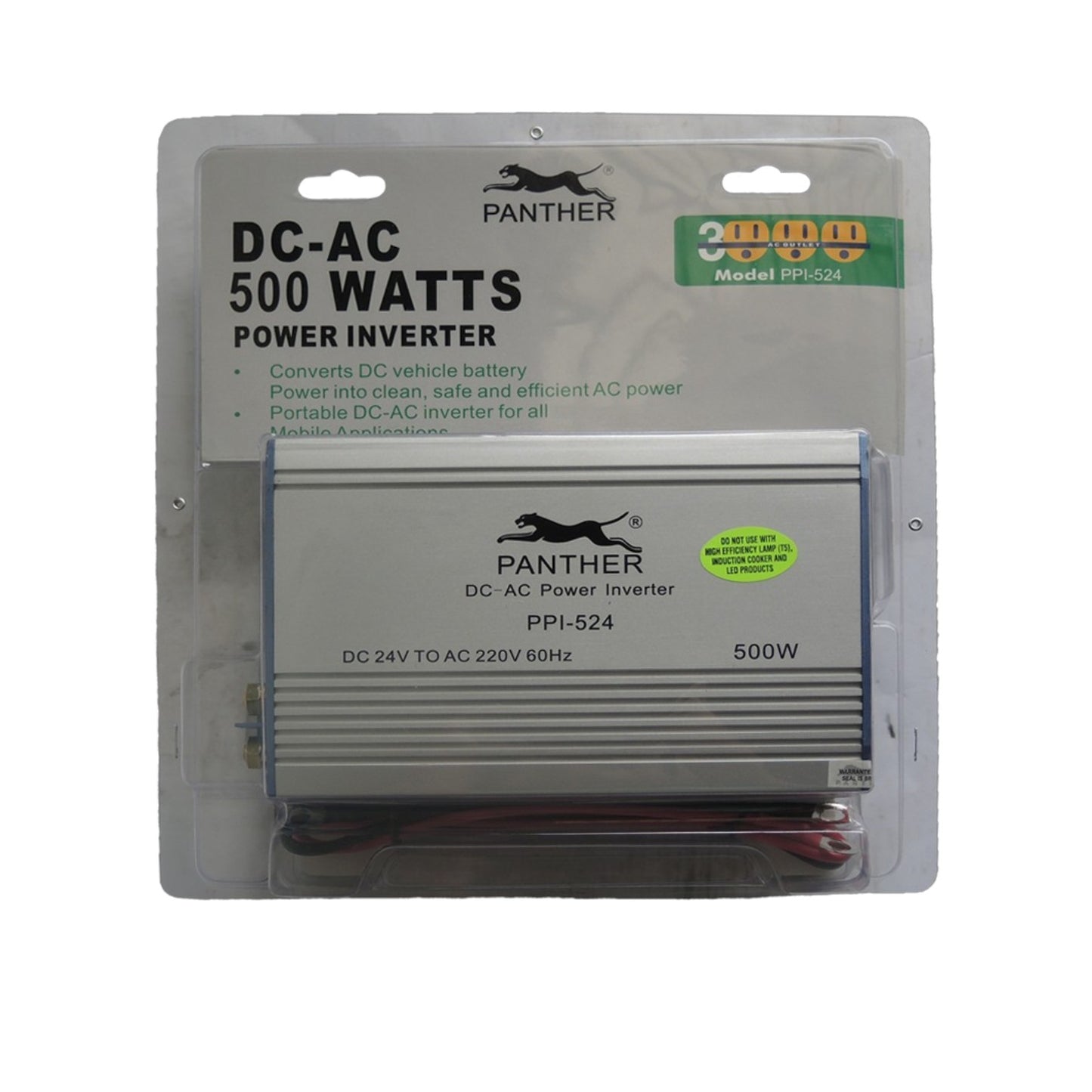 Panther 500W DC-AC power inverter in its original retail blister packaging, featuring a silver metal inverter unit with red and black wires inside a clear plastic case.