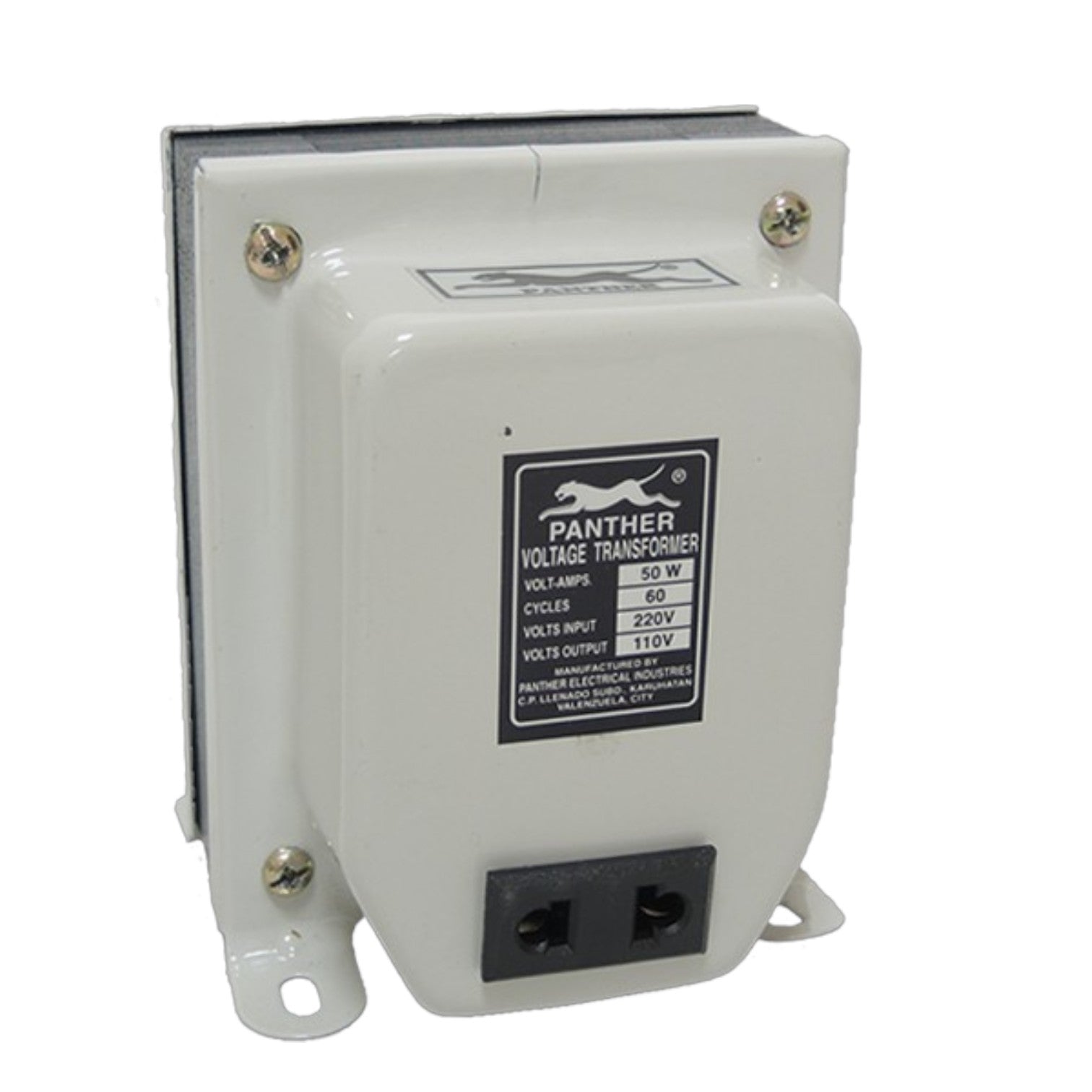 A white Panther Voltage Transformer with a black label and two power outlets on the front, shown on a plain white background.