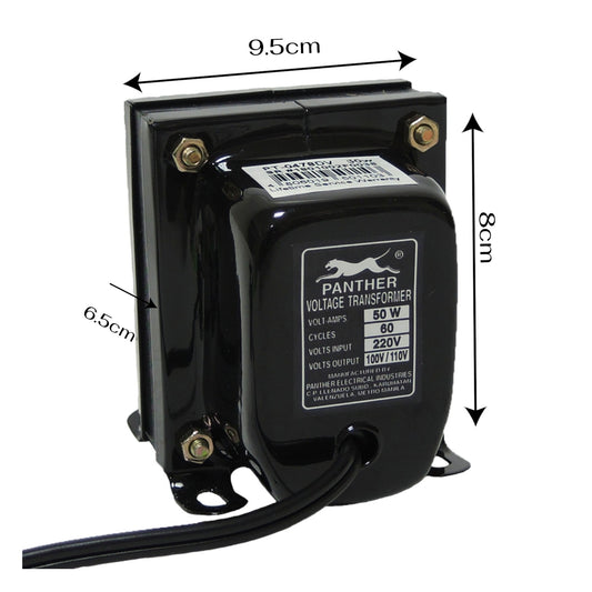 Black Panther voltage transformer with dimension arrows and labels showing 9.5cm, 8cm, and 6.