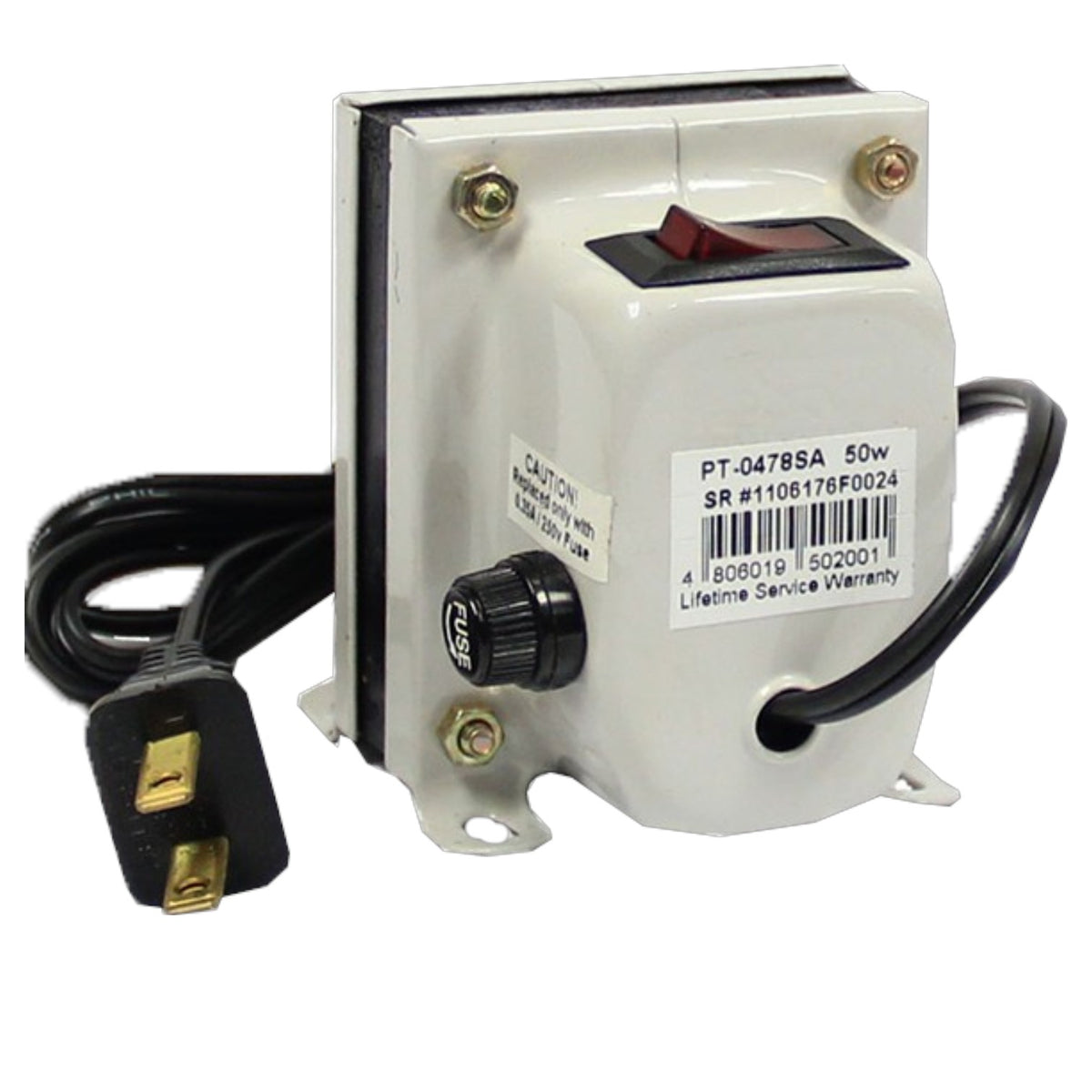 A 50W electrical transformer with a white plastic housing, a black power switch, a black rotary knob, and a black power cord with a gold-plated US plug, shown on a white background.