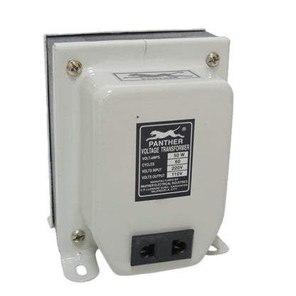 A white Panther Voltage Transformer with a black label and two power outlets on the front, shown on a plain white background.