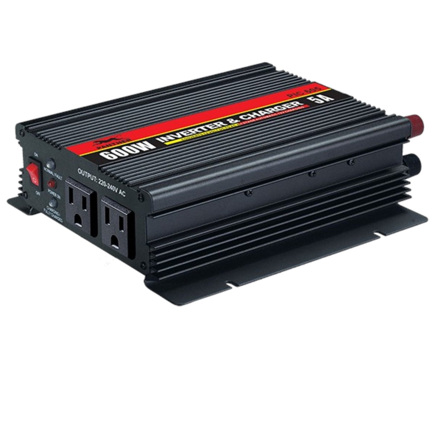 A 600W inverter and charger power supply unit with a black ribbed metal casing, featuring multiple AC outlets on the side, a red power switch, and a red, yellow, and white label on top.