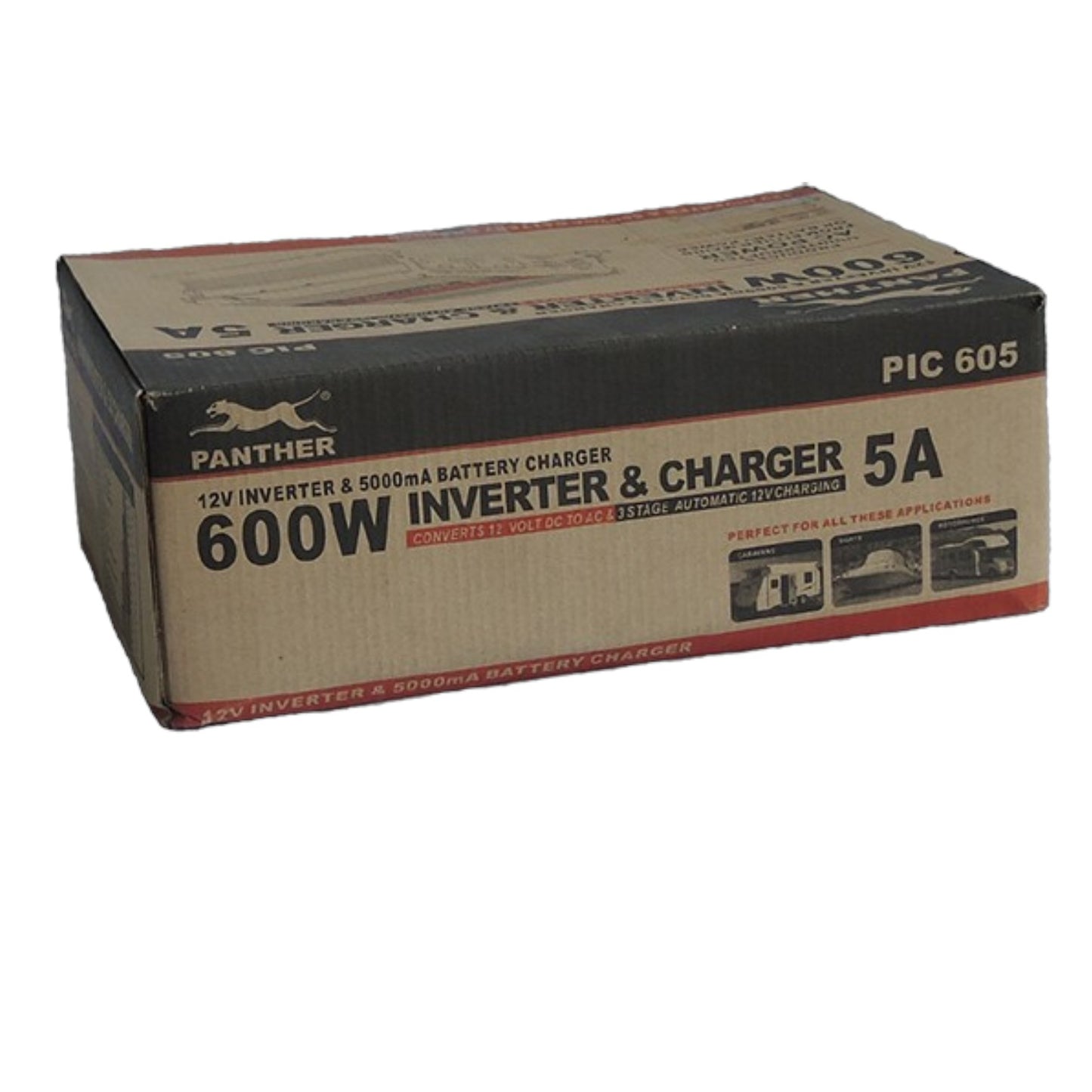 A cardboard box for a Panther 600W Inverter & Charger 5A (model PIC 605) on a plain white background.