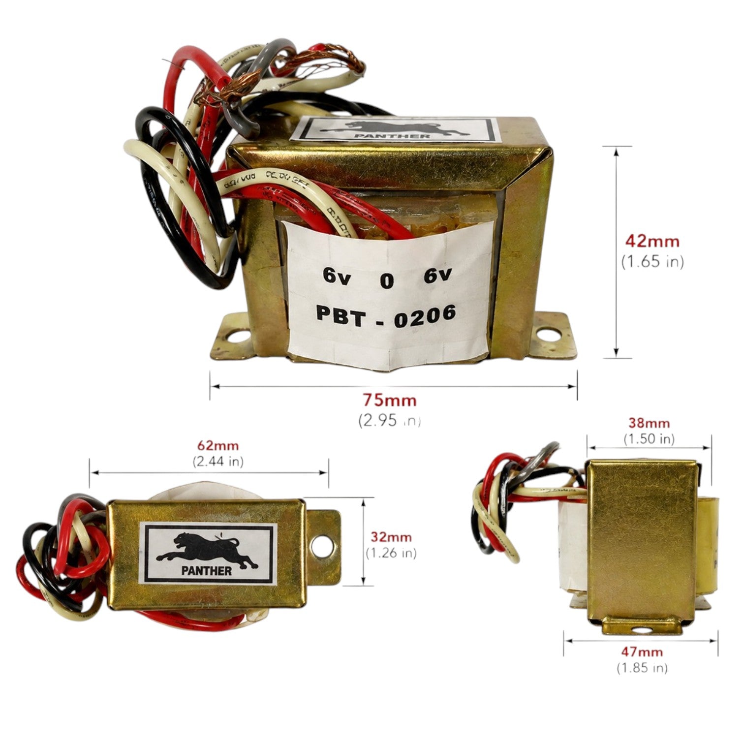 A brass-colored electronic transformer with attached red, black, and white wires, shown from three angles with dimension labels on a white background. The front label reads 'PANTHER' and '6V 0 6V', and the side labels show measurements such as 75mm, 42mm, 32mm, 38mm, and 47mm.