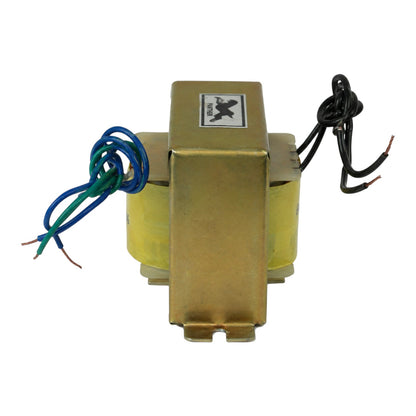 A small industrial or automotive electrical transformer with a brass-colored metal core, featuring blue, green, and black wire leads on a plain white background.
