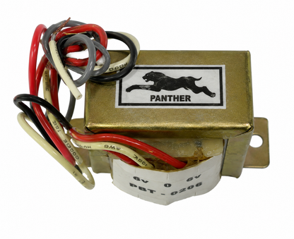 A brass-colored electronic transformer with attached multicolored wires and a white Panther brand label on top, isolated on a white background.