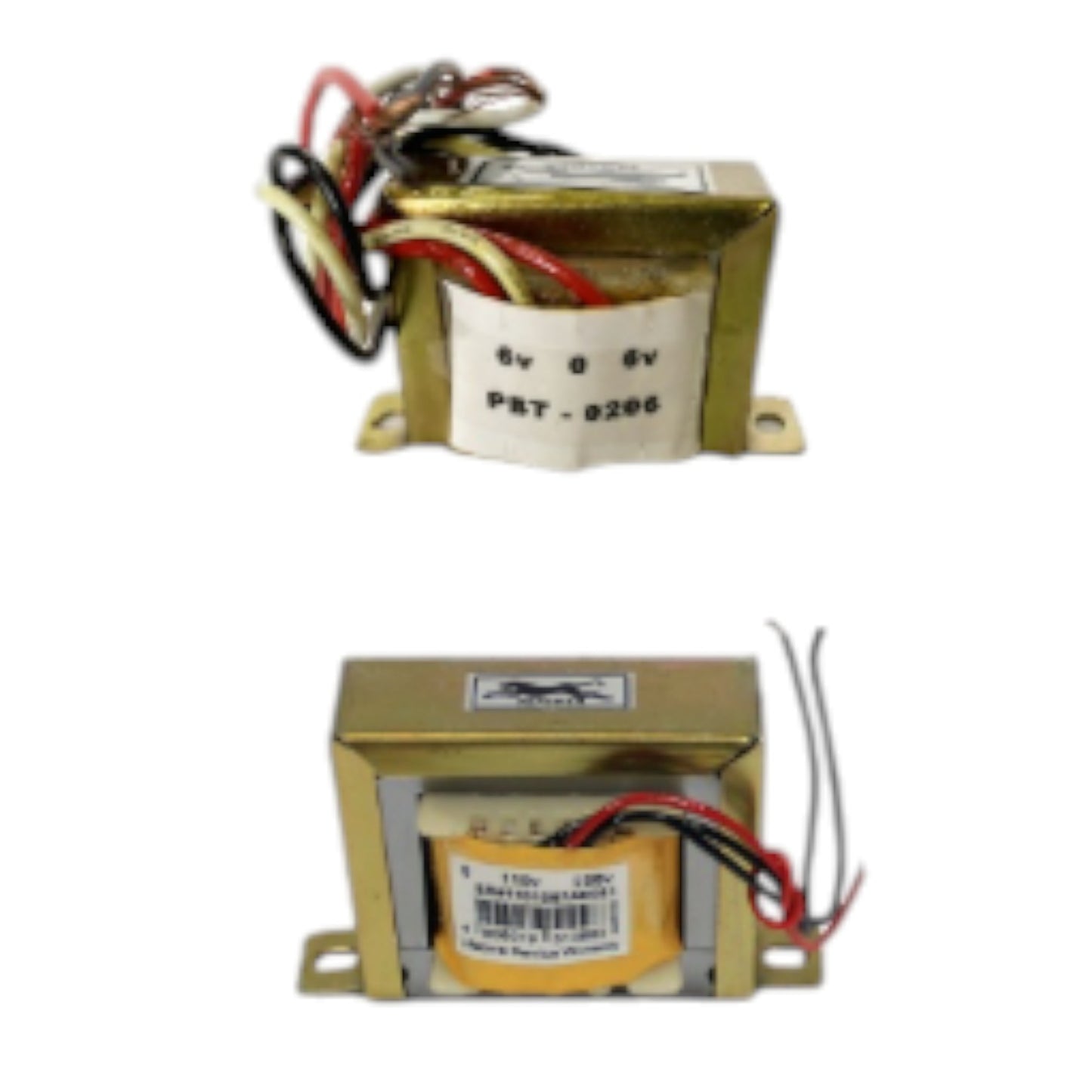 Two small rectangular electronic transformers with gold-colored metal casings, attached wires, and white labels, shown on a plain white background.