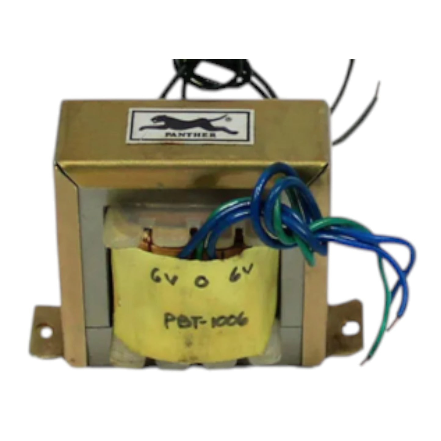 A brass-colored industrial transformer with a Panther brand label on top, featuring a yellow paper insulation wrap with handwritten markings and several multicolored wires (blue, green, white, black) emerging from the side, set against a plain white background.