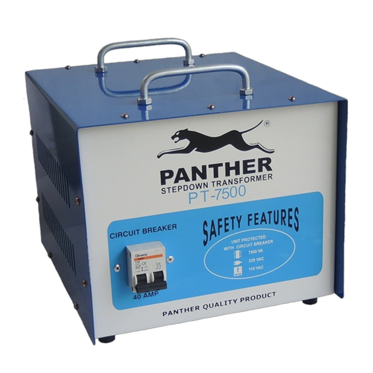 A Panther Stepdown Transformer PT-7500 electrical device with a blue and white metal casing, featuring a top handle, circuit breaker, and safety features label.