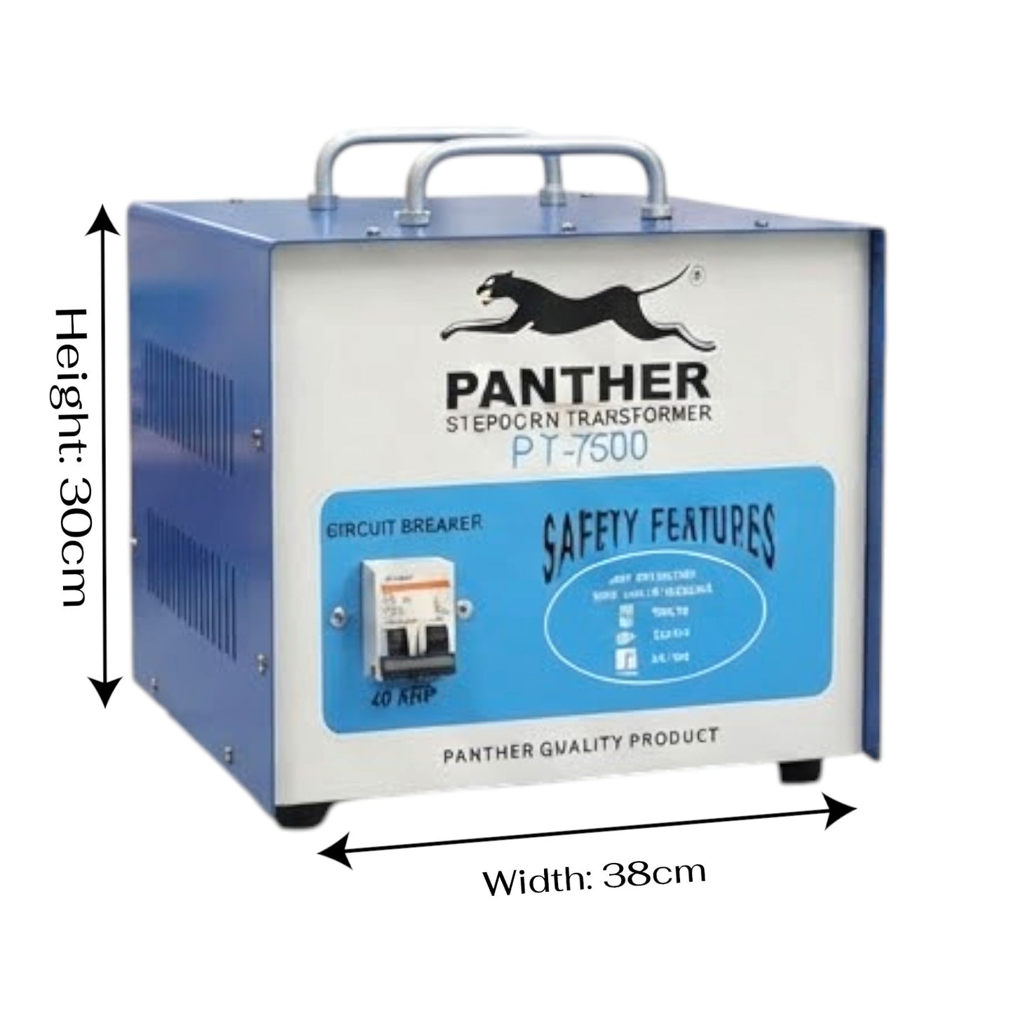 Blue and white Panther Stepcohn Transformer PT-7500 electrical device with dimension arrows indicating height 30cm and width 38cm on a white background.