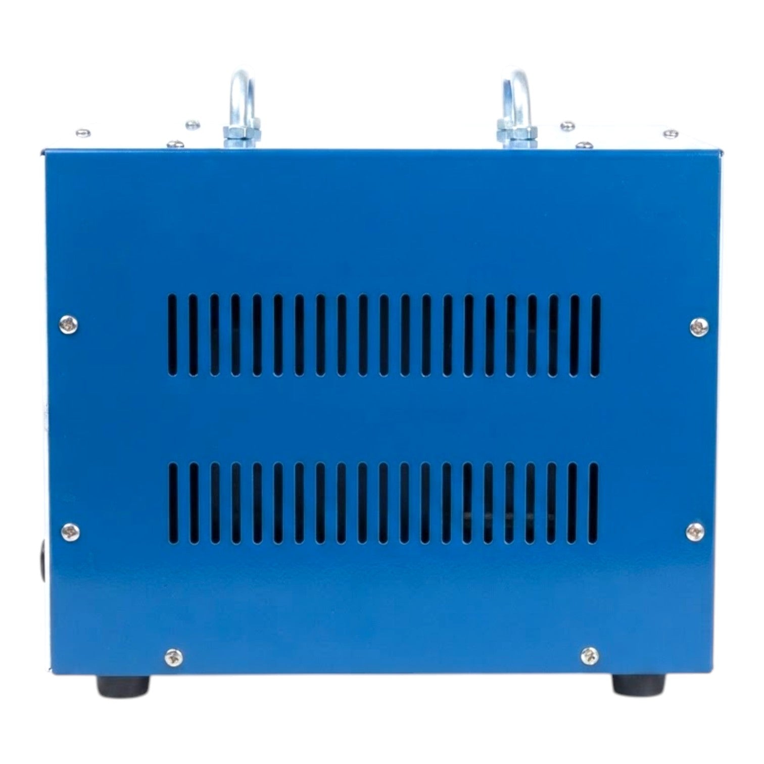 A blue metal industrial equipment box with ventilation slots on the front, shown against a plain white background.