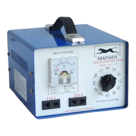 A blue and white Panther Voltage Regulator (Model PVT 350) power supply with a black carrying handle, front-mounted voltmeter, and rotary voltage selector.