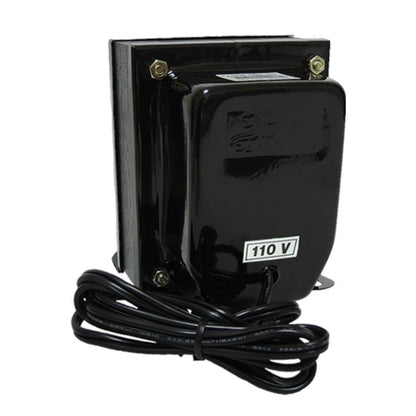 A black electrical transformer with a coiled power cord, featuring a white label marked '110 V' on the front, set against a plain white background.