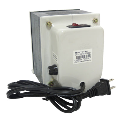 A 750W 110v 5A lifetime switch transformer with a white front casing, black back panel, black power cord, and a red switch, shown on a white background.